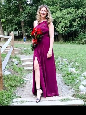 David's Bridal One-Shoulder Magenta Evening Gown